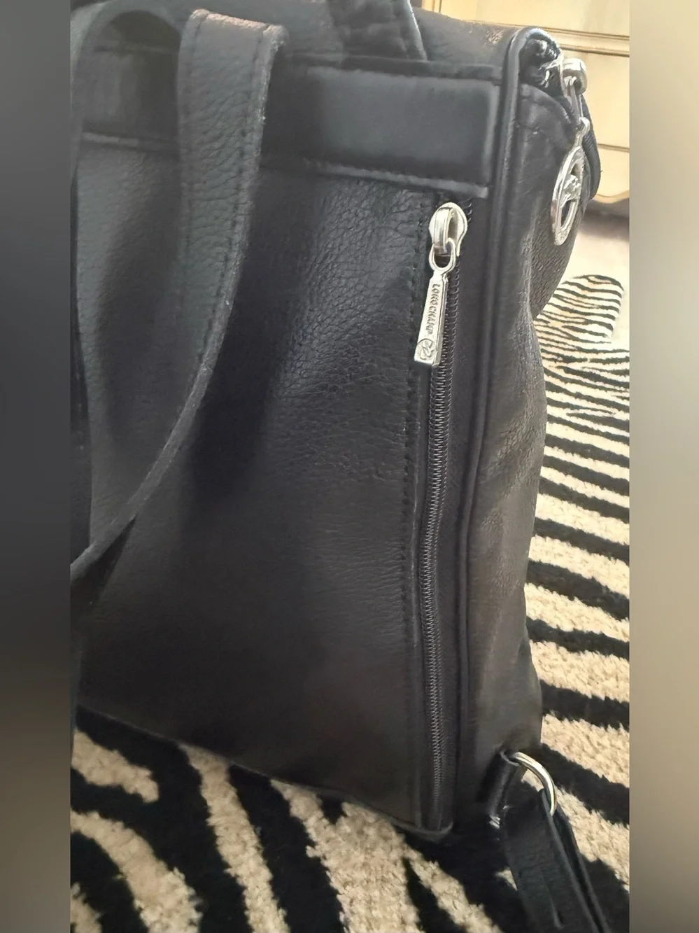 Longchamp  Vintage Black Leather Back Pack EUC